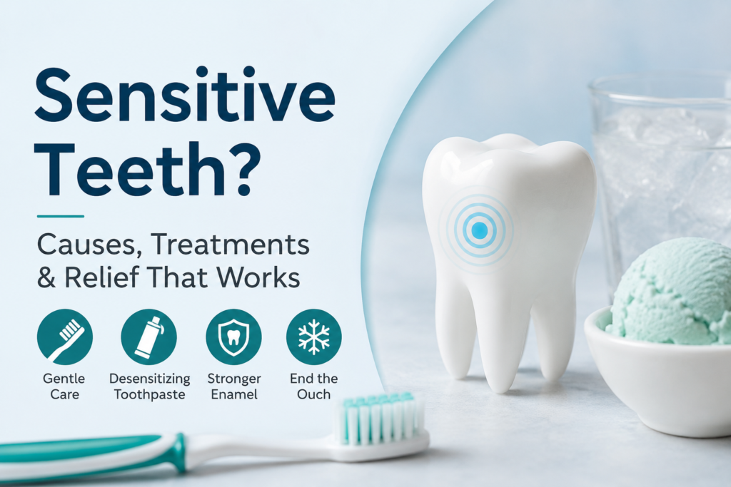 Sensitive teeth causes, treatments, and relief guide with tooth model, ice cream, and toothbrush illustrating gentle care, desensitizing toothpaste, stronger enamel, and pain relief