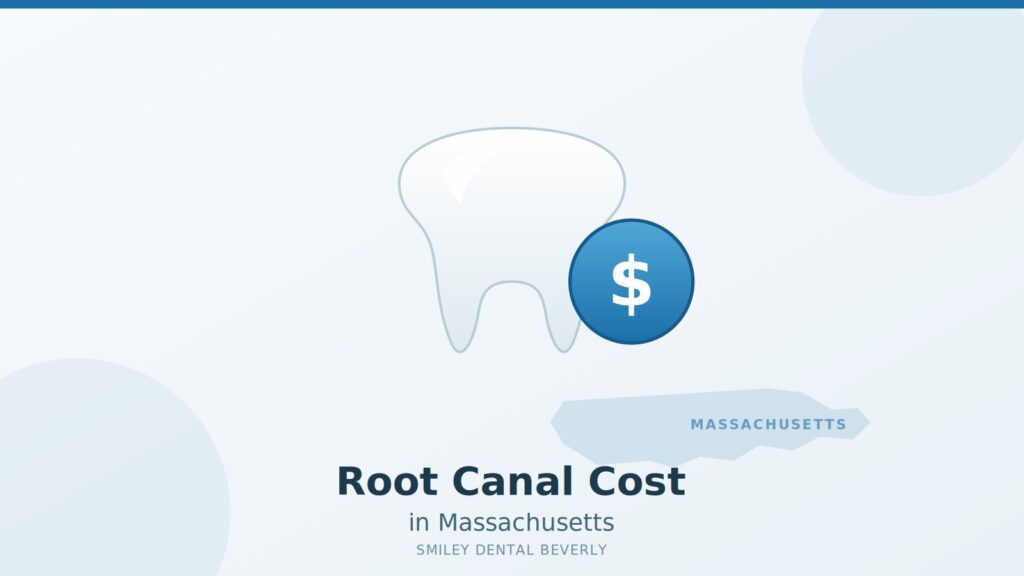 Illustration of a molar tooth with a dollar sign badge and Massachusetts outline, representing root canal treatment cost in Massachusetts