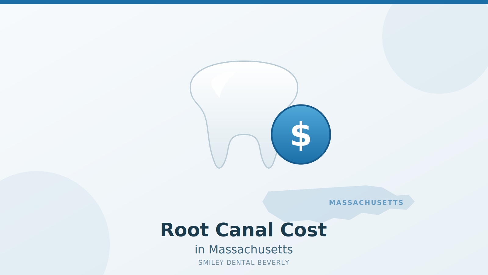 Illustration of a molar tooth with a dollar sign badge and Massachusetts outline, representing root canal treatment cost in Massachusetts