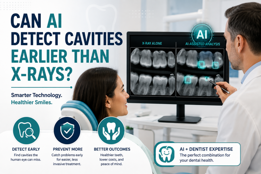 Dentist and patient reviewing AI-assisted dental X-ray analysis comparing X-ray alone versus AI-assisted cavity detection on a monitor