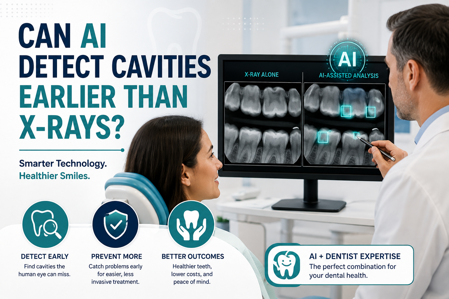 Dentist and patient reviewing AI-assisted dental X-ray analysis comparing X-ray alone versus AI-assisted cavity detection on a monitor