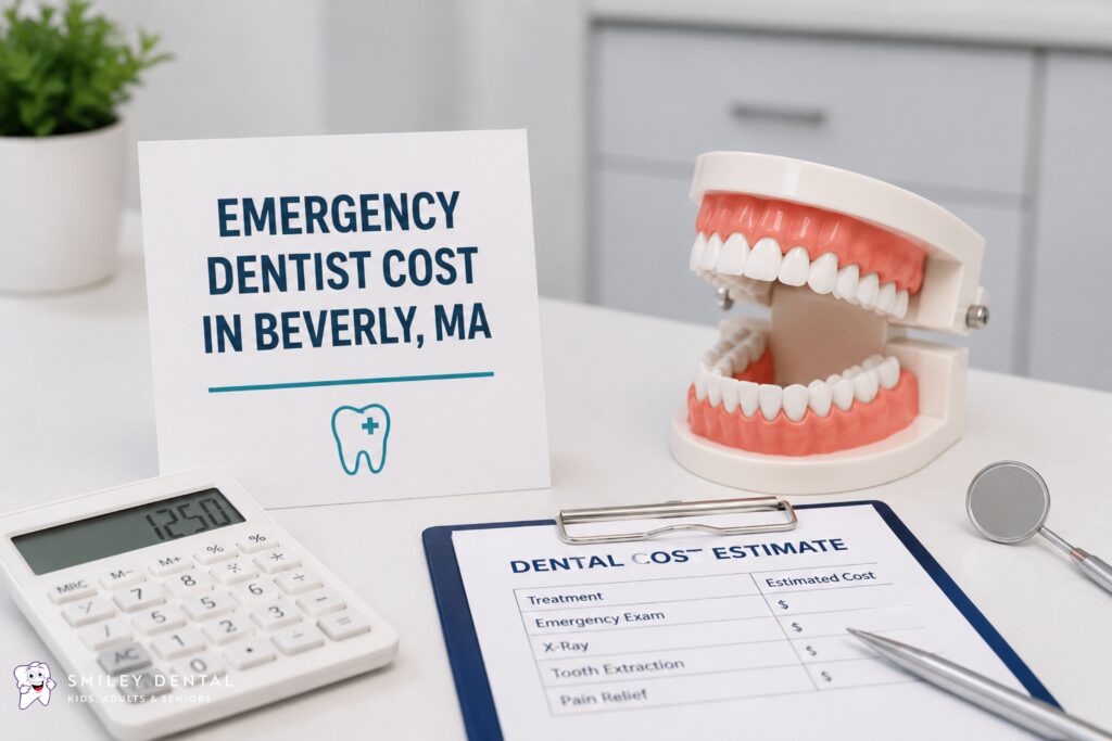 Emergency dentist cost estimate in Beverly, MA with dental treatment model and cost estimate form