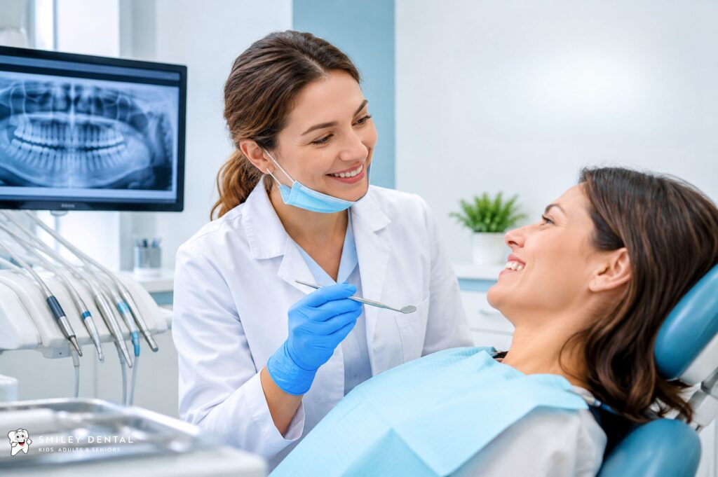 Dentist providing patient care in a modern Smiley Dental clinic with dental equipment and an X-ray display.