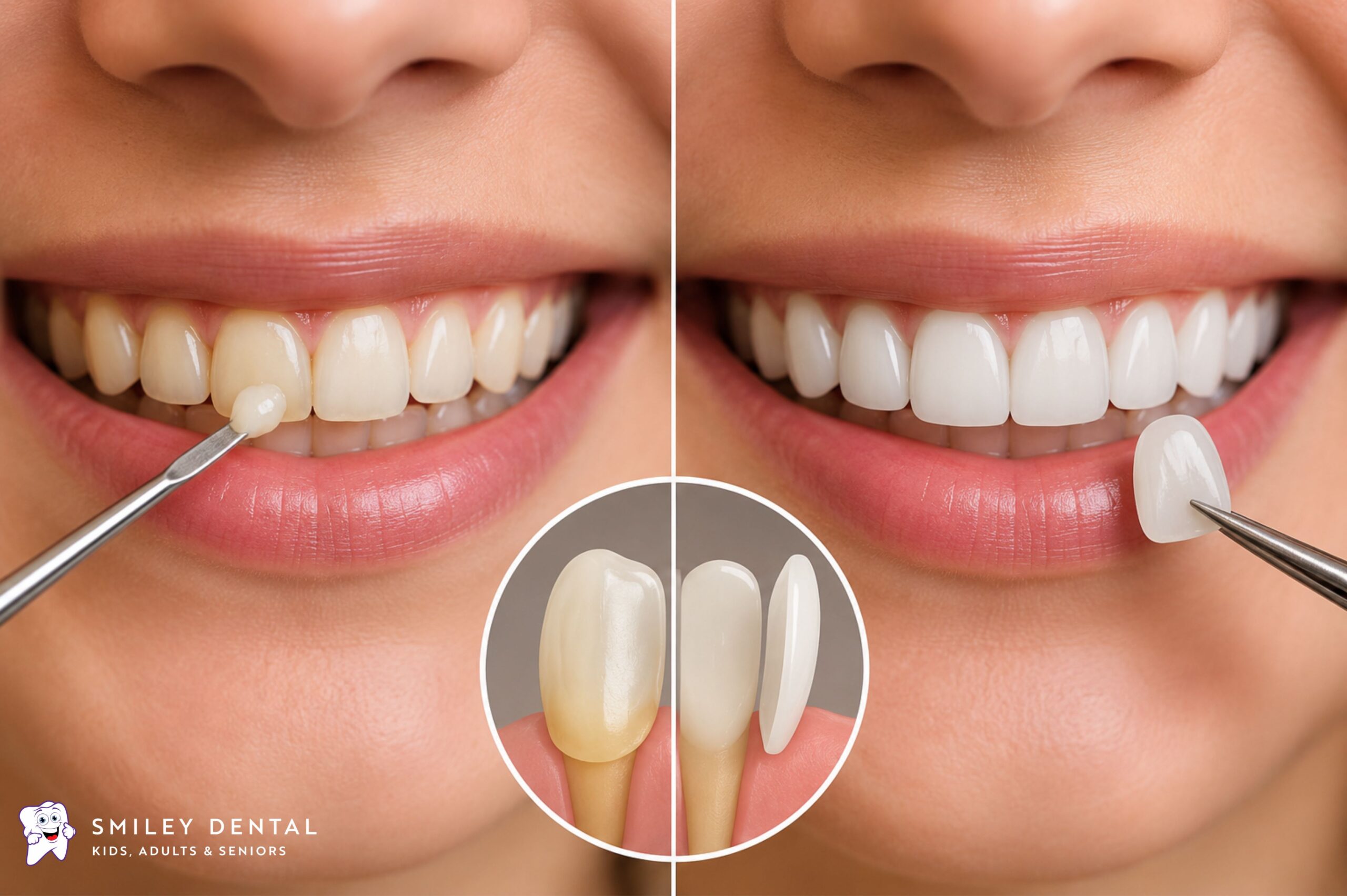 Dental veneer being placed over discolored tooth showing before and after smile comparison
