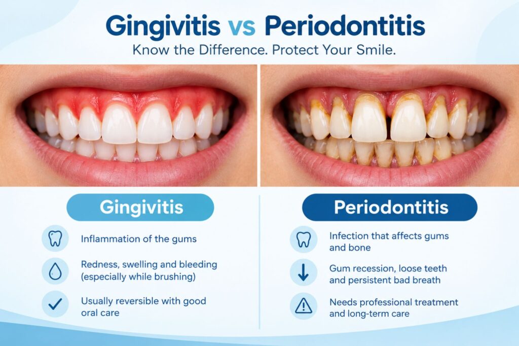 Gingivitis vs periodontitis comparison showing healthy pink gums next to red, swollen, and receding gums with plaque buildup