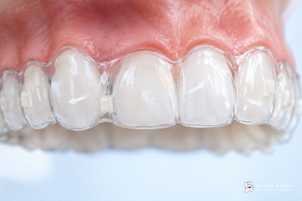 Transparent aligner fitted over teeth to guide gradual tooth movement