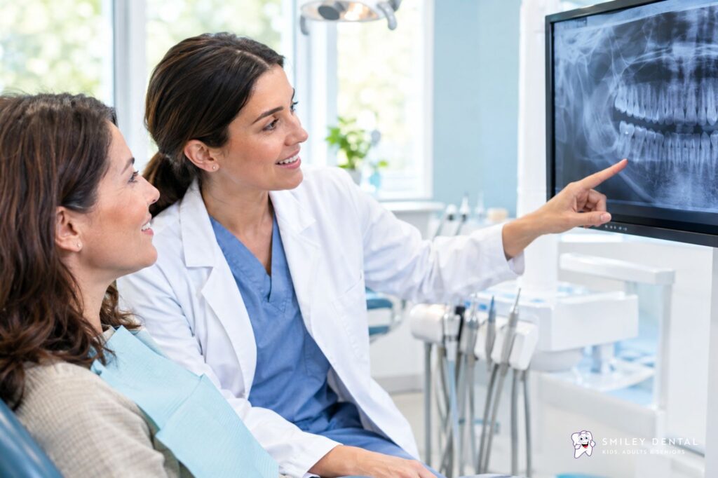 Dentist reviewing digital dental images with a patient during a technology-assisted dental exam