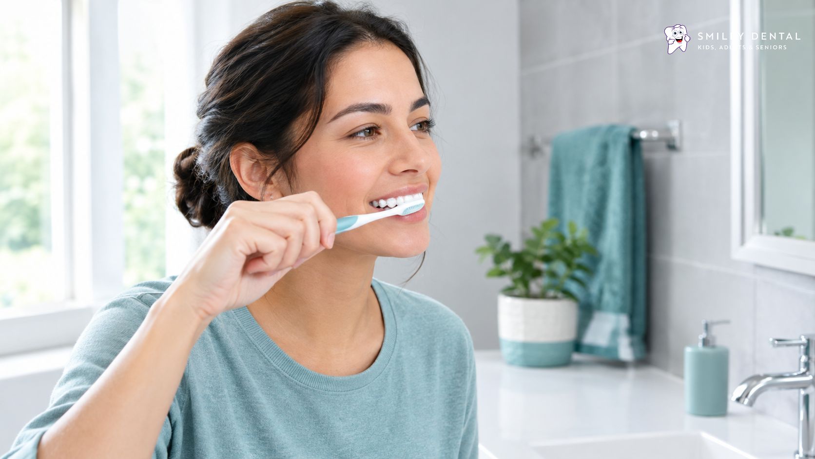 Person brushing teeth with fluoride toothpaste as part of a daily cavity prevention routine